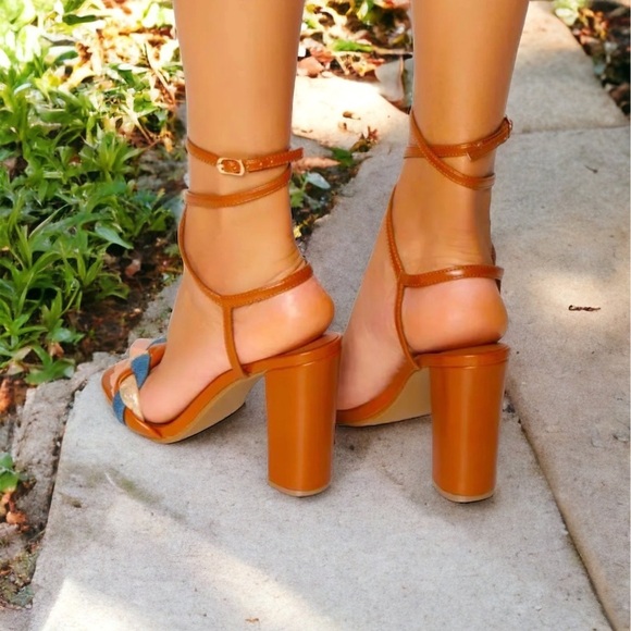 Brown tan denim blue multi braided strappy ankle strap high heel chunky sandals - Picture 2 of 2